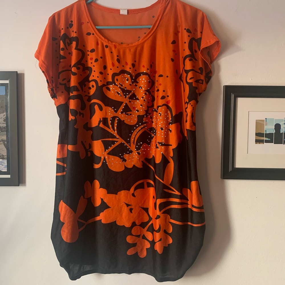 Orange and Black Floral Top